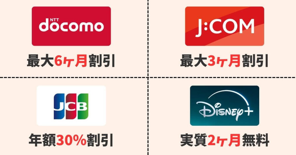 ドコモのセット割は6ヶ月無料。J:COMのセット割なら3ヶ月無料。JCBカードなら年額30％割引。年間プランなら2ヶ月無料。